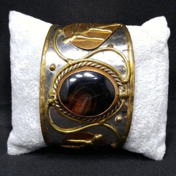 Brown Gemstone Mixed Metal Handmade Cuff Bracelet, 6 3/8 Inches - Picture 10 of 10